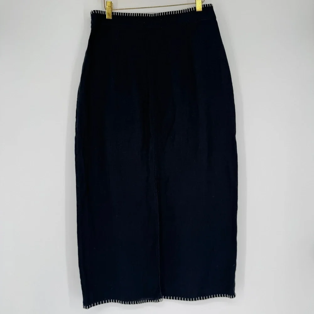 Rachel Zoe Flax Linen Midi Skirt 6 Black Blanket Stitch Minimalist Quiet‎ Luxury